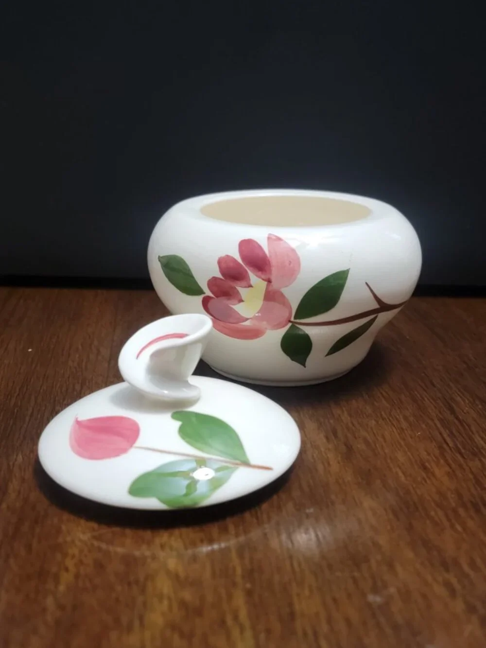 Vintage Mid Century Covered Sugar Bowl Pink Floral Green Leaf Lidded Dish